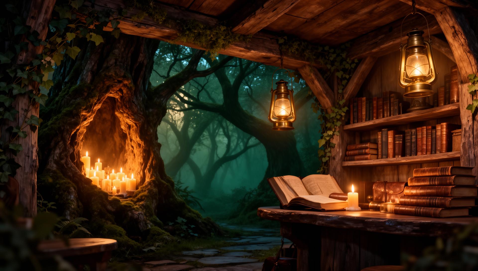 A cozy, candlelit book tavern nestled in an enchanted forest